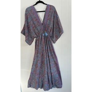Boho Fashion 100% Silk Paisley Maxi Dress Resorwear tTurquoise & Magenta OS L